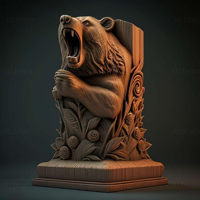 aggressive bear on carved podium